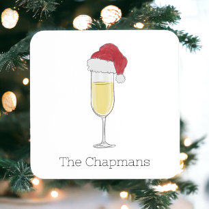 Christmas Santa Hat Champagne Festive Square Paper Coaster