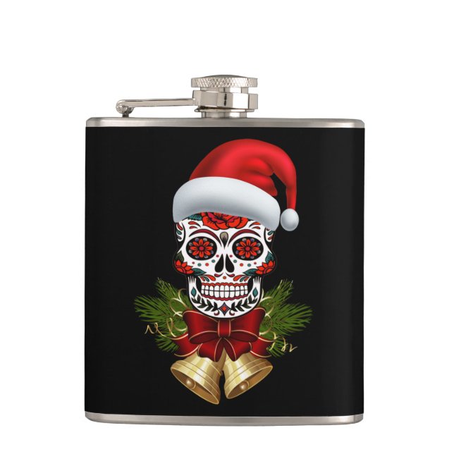 Christmas Santa Hat Day Of The Dead Sugar Skull Hip Flask (Front)