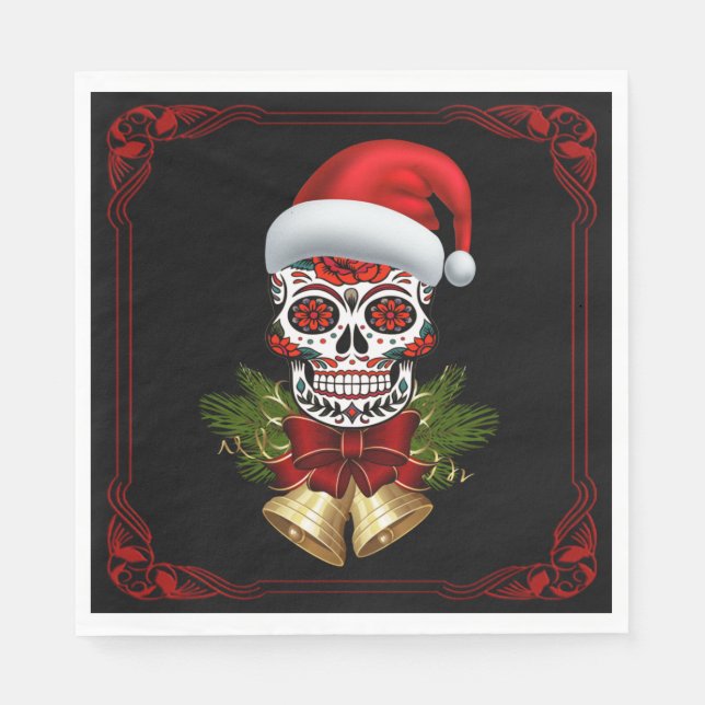 Christmas Santa Hat Day Of The Dead Sugar Skull Napkin (Front)