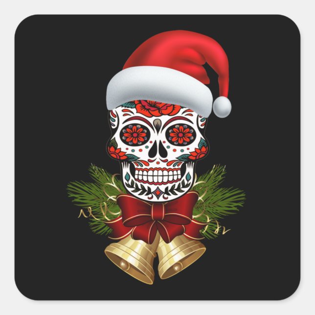 Christmas Santa Hat Day Of The Dead Sugar Skull Square Sticker (Front)