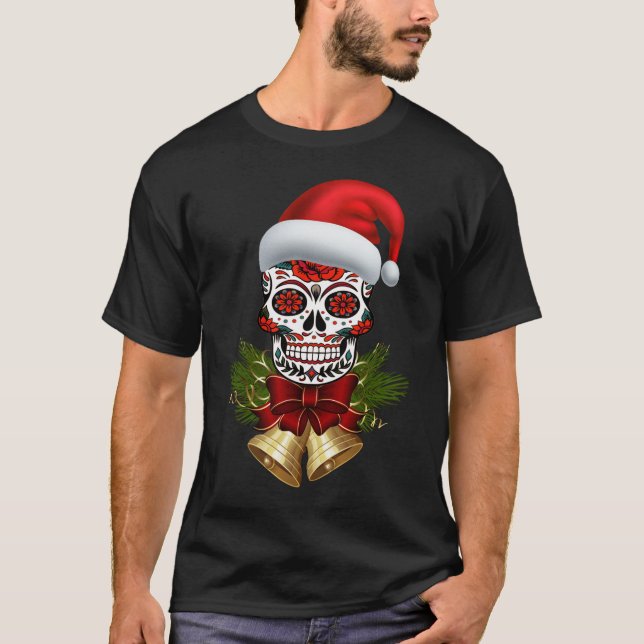 Christmas Santa Hat Day Of The Dead Sugar Skull T-Shirt (Front)
