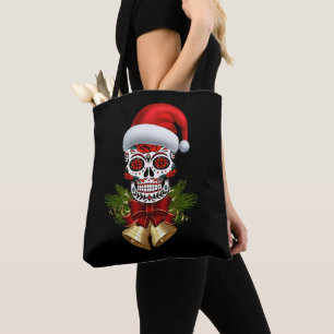 Christmas Santa Hat Day Of The Dead Sugar Skull Tote Bag