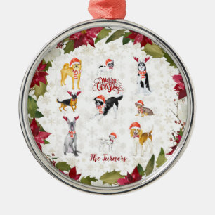 Christmas Santa hat Dogs Poinsettia Monogram Metal Ornament