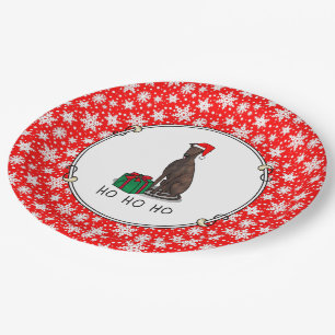 Christmas Santa Hat Greyhound Dog (brindle) Cute Paper Plate