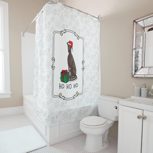 Christmas Santa Hat Greyhound Dog (brindle) Funny Shower Curtain (In Situ)