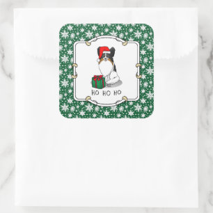 Christmas Santa Hat Papillon (tri-colour) Dog Cute Square Sticker