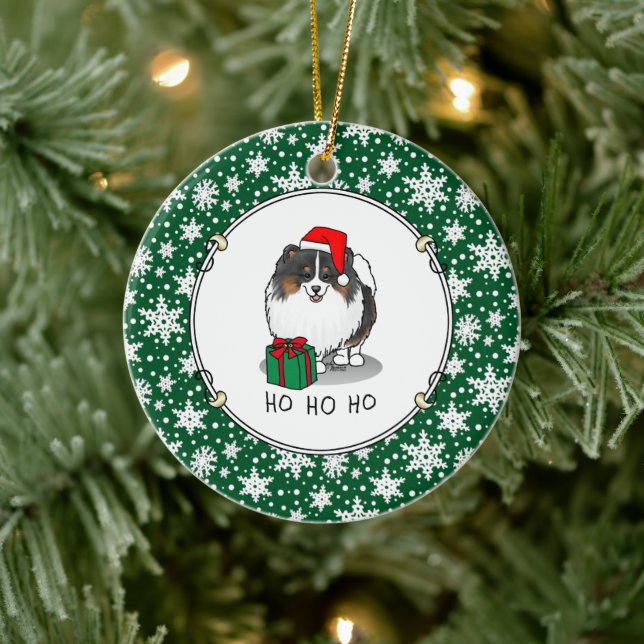 Christmas Santa Hat Pomeranian (tri-colour) Cute Ceramic Ornament (Tree)