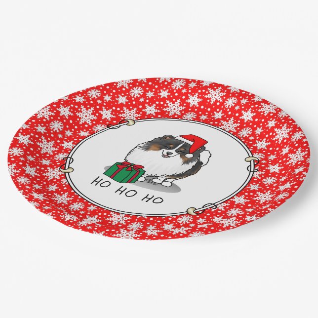 Christmas Santa Hat Pomeranian (tri-colour) Cute Paper Plate (Angled)