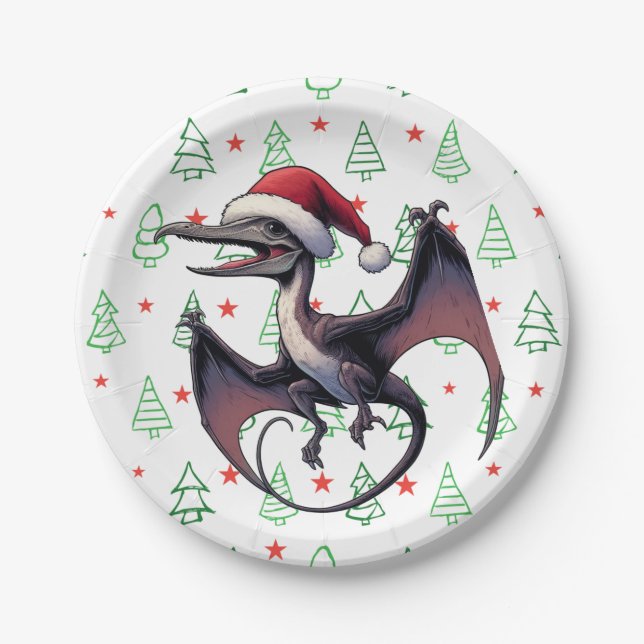 Christmas Santa hat pterodactyl  Paper Plate (Front)