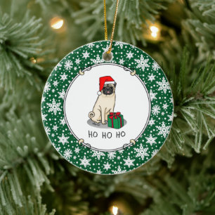 Christmas Santa Hat Pug Dog (light fawn) Cute Ceramic Ornament