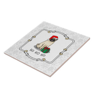 Christmas Santa Hat Pug Dog (light fawn) Cute Ceramic Tile
