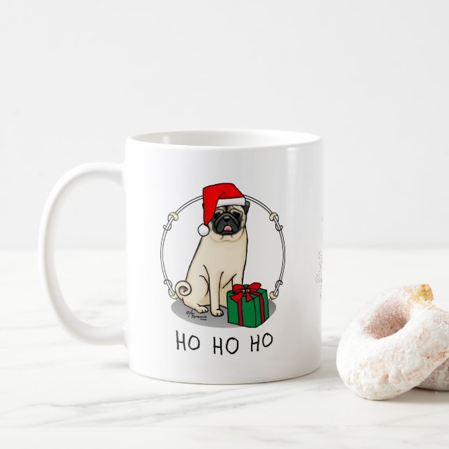 Christmas Santa Hat Pug Dog (light fawn) Cute Coffee Mug (With Donut)