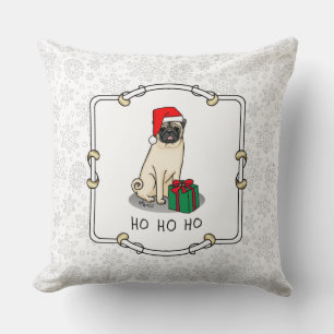 Christmas Santa Hat Pug Dog (light fawn) Cute Cushion