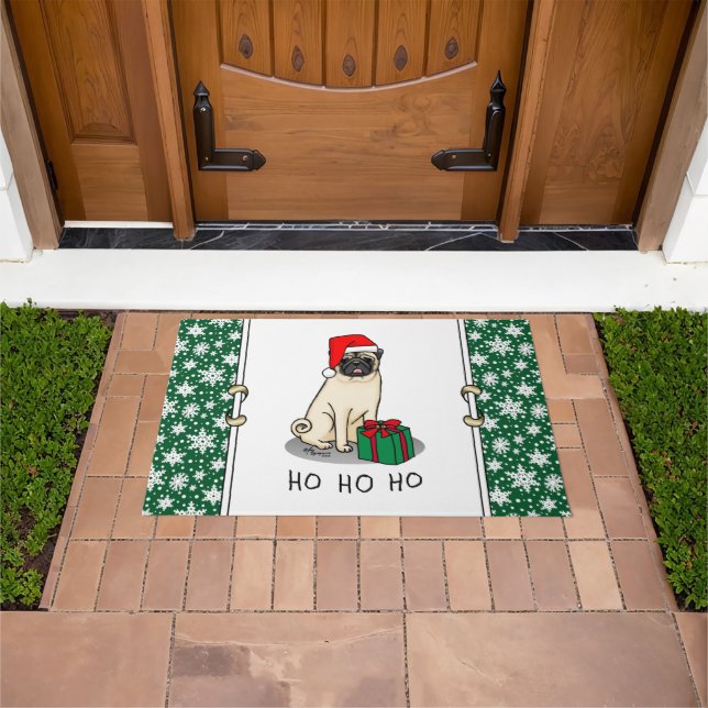 Christmas Santa Hat Pug Dog (light fawn) Cute Doormat (Outdoor)