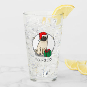 Christmas Santa Hat Pug Dog (light fawn) Cute Glass
