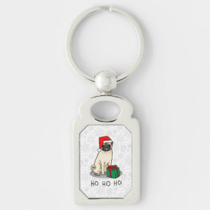Christmas Santa Hat Pug Dog (light fawn) Cute Key Ring