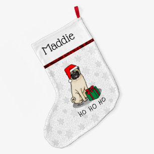 Christmas Santa Hat Pug Dog (light fawn) Cute Large Christmas Stocking
