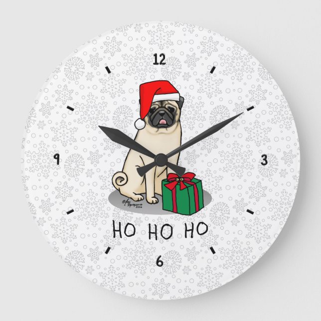 Christmas Santa Hat Pug Dog (light fawn) Cute Large Clock (Front)