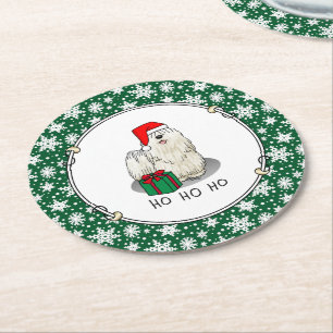 Christmas Santa Hat Puli Dog (white) Cute Funny Round Paper Coaster