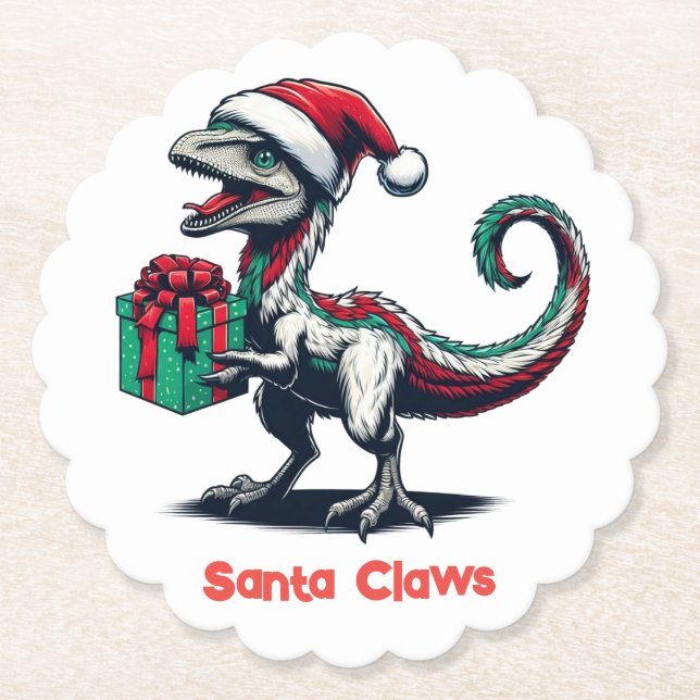 Christmas Santa hat raptor  Paper Coaster (Front)