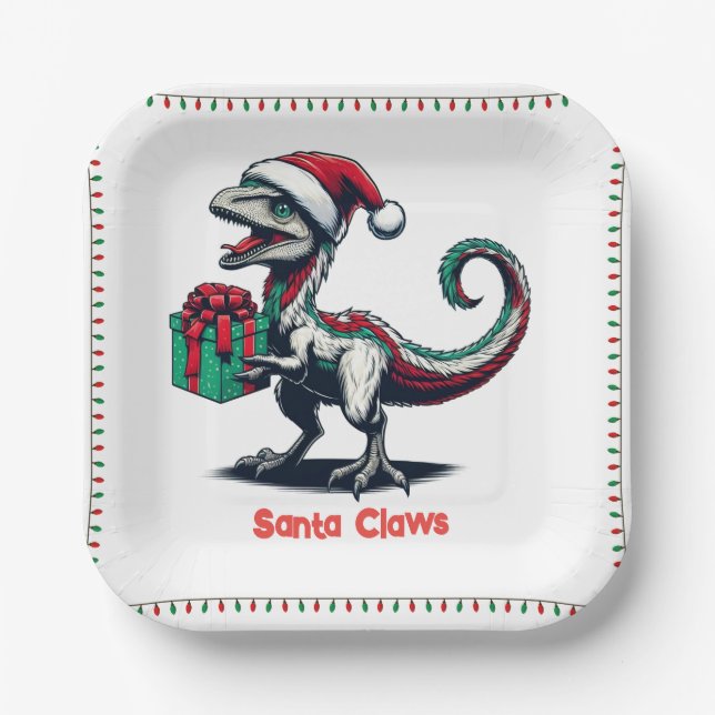 Christmas Santa hat raptor  Paper Plate (Front)