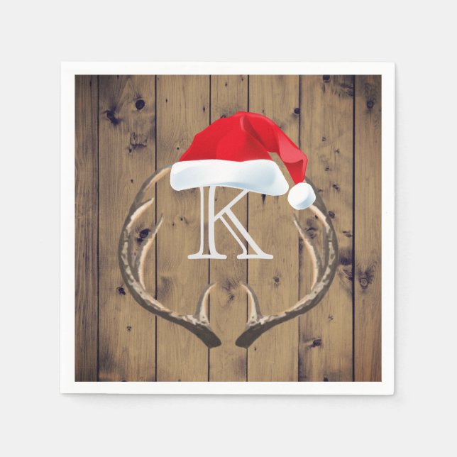 Christmas Santa Hat Reindeer Antlers Monogram Napkin (Front)