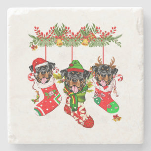 Christmas Santa Hat Rottweiler Dog Xmas Lights Stone Coaster