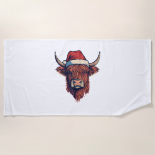 Christmas Santa Hat Scottish Highland Cow for Cow Beach Towel