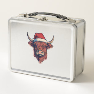 Christmas Santa Hat Scottish Highland Cow for Cow Metal Lunch Box