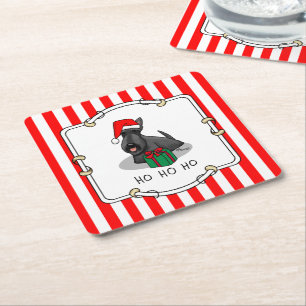 Christmas Santa Hat Scottish Terrier (black) Cute Square Paper Coaster