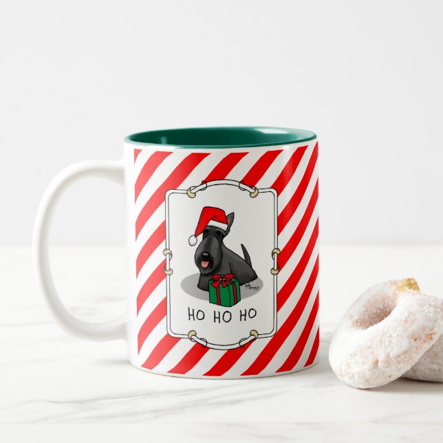 Christmas Santa Hat Scottish Terrier (black) Cute Two-Tone Coffee Mug (With Donut)