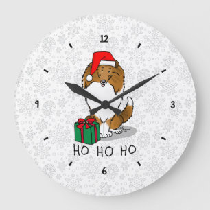 Christmas Santa Hat Shetland Sheepdog (sable) Cute Large Clock
