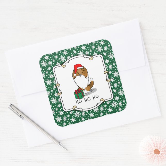 Christmas Santa Hat Shetland Sheepdog (sable) Cute Square Sticker (Envelope)