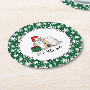 Christmas Santa Hat Shih Tzu (tan white) Dog Cute Round Paper Coaster