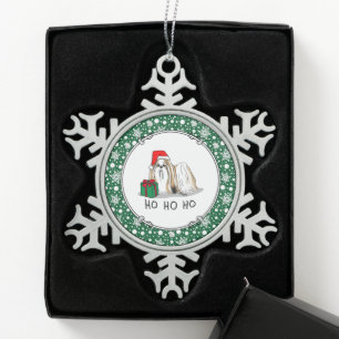 Christmas Santa Hat Shih Tzu (tan white) Dog Cute Snowflake Pewter Christmas Ornament