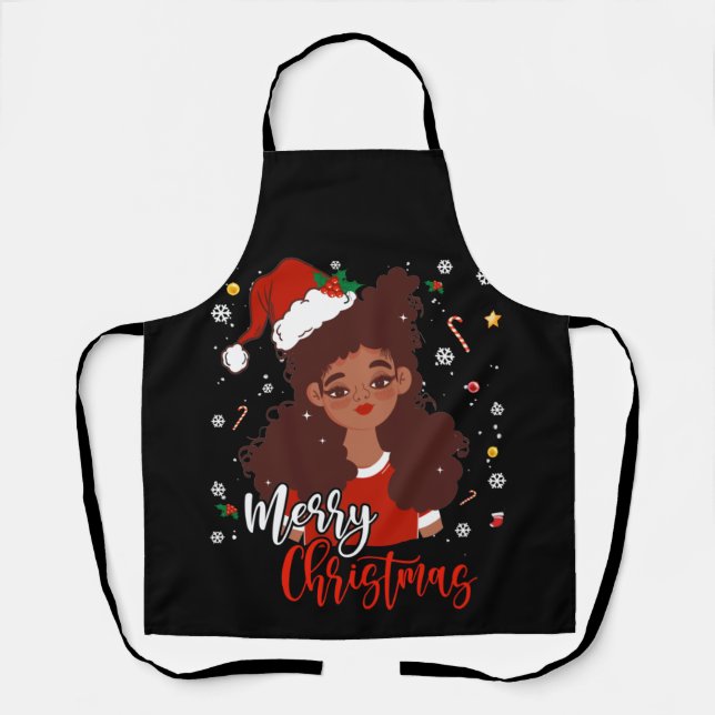 Christmas Santa Hat Shirt Black African American Apron (Front)