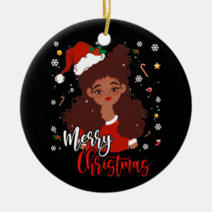Christmas Santa Hat Shirt Black African American Ceramic Ornament