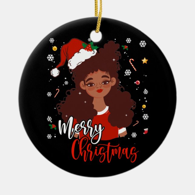 Christmas Santa Hat Shirt Black African American Ceramic Ornament (Front)