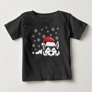 Christmas Santa Hat Siberian Husky Dog Sleeping Baby T-Shirt