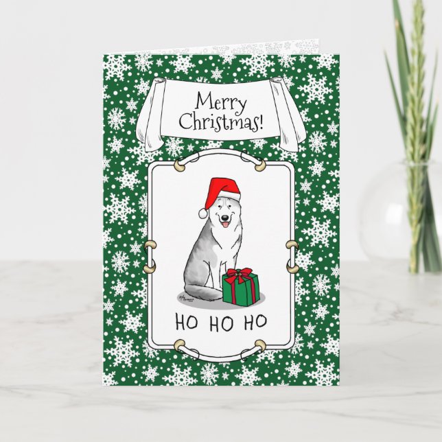 Christmas Santa Hat Siberian Husky (silver) Cute Card (Front)