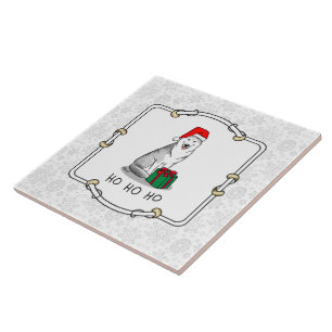Christmas Santa Hat Siberian Husky (silver) Cute Ceramic Tile