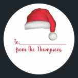 Christmas Santa Hat Whimsical Cute To From Classic Round Sticker<br><div class="desc">Painted whimsical Santa hat with fluffy white trim and red velvet. Merry Christmas greeting to everyone with this fun, cute, whimsy design. A painted effect for the fluffy white fur. This design features Christmas Santa to and from labels, north pole Santa hat fun, cute old fashioned vintage a holiday, a...</div>