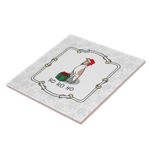 Christmas Santa Hat Whippet Dog Fawn & white Cute Ceramic Tile