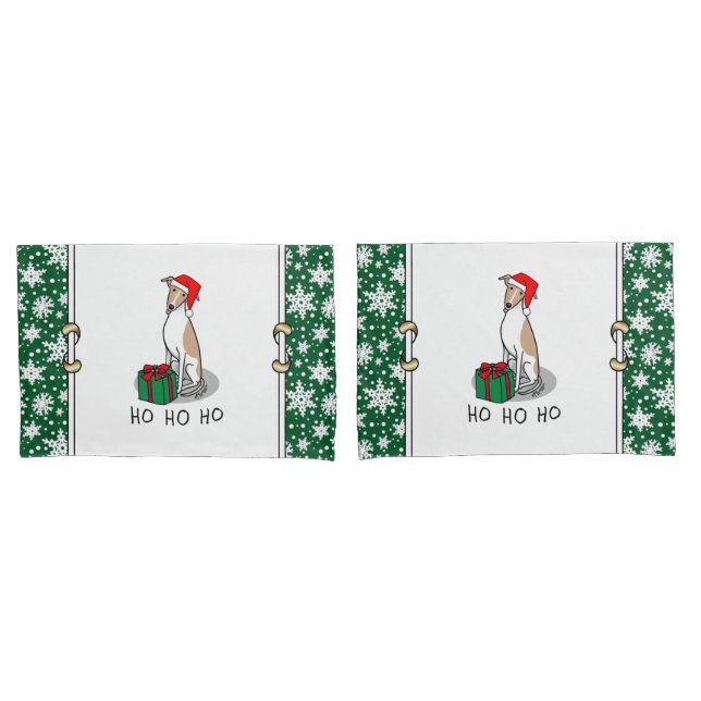 Christmas Santa Hat Whippet Dog Fawn & white Cute Pillowcase (Front-Set)
