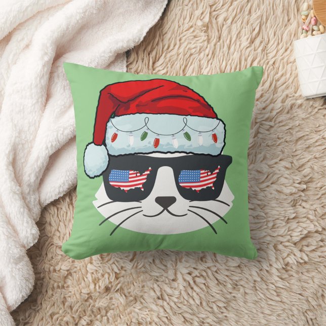 Christmas Santa Hat With Cat Face Usa Flag Spets Cushion (Creator Uploaded)