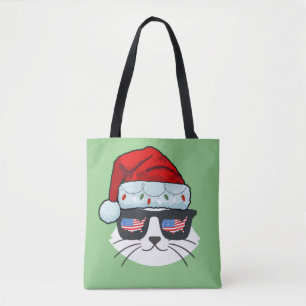 Christmas Santa Hat With Cat Face Usa Flag Spets Tote Bag