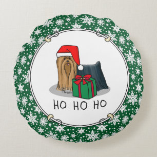 Christmas Santa Hat Yorkshire Terrier Yorkie Cute Round Cushion