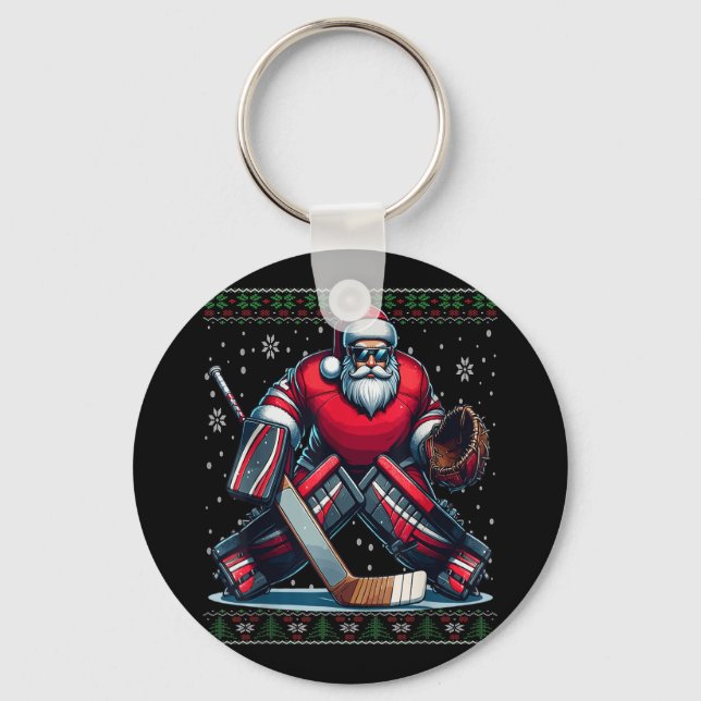Christmas Santa Hockey Goalie Ugly Christmas Sweat Key Ring (Front)