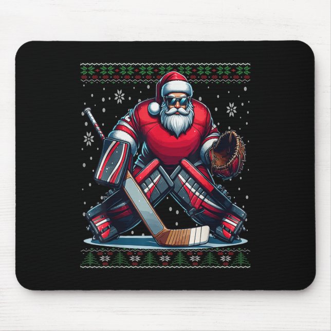 Christmas Santa Hockey Goalie Ugly Christmas Sweat Mouse Pad (Front)