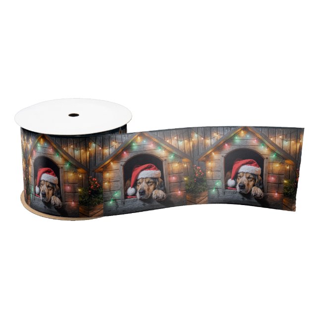 Christmas Santa Hound Dog In Doghouse Satin Ribbon (Spool)